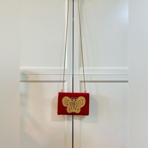 Red Genuine Leather Small Crossbody Bag Purse with Brass Butterfly Decor